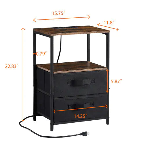 End Table With Charging Station, Nightstand With USB Port, Outlet And Fabric Bag, 2 Drawers Open Storage Shelf Side Table, Sofa Cabinet For Living Room, Bedroom, Office