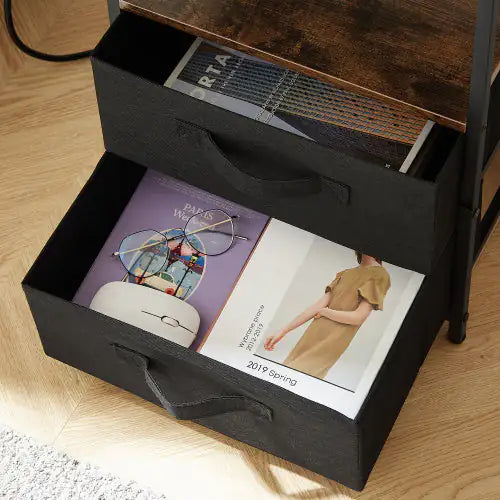 End Table With Charging Station, Nightstand With USB Port, Outlet And Fabric Bag, 2 Drawers Open Storage Shelf Side Table, Sofa Cabinet For Living Room, Bedroom, Office
