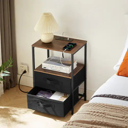 End Table With Charging Station, Nightstand With USB Port, Outlet And Fabric Bag, 2 Drawers Open Storage Shelf Side Table, Sofa Cabinet For Living Room, Bedroom, Office