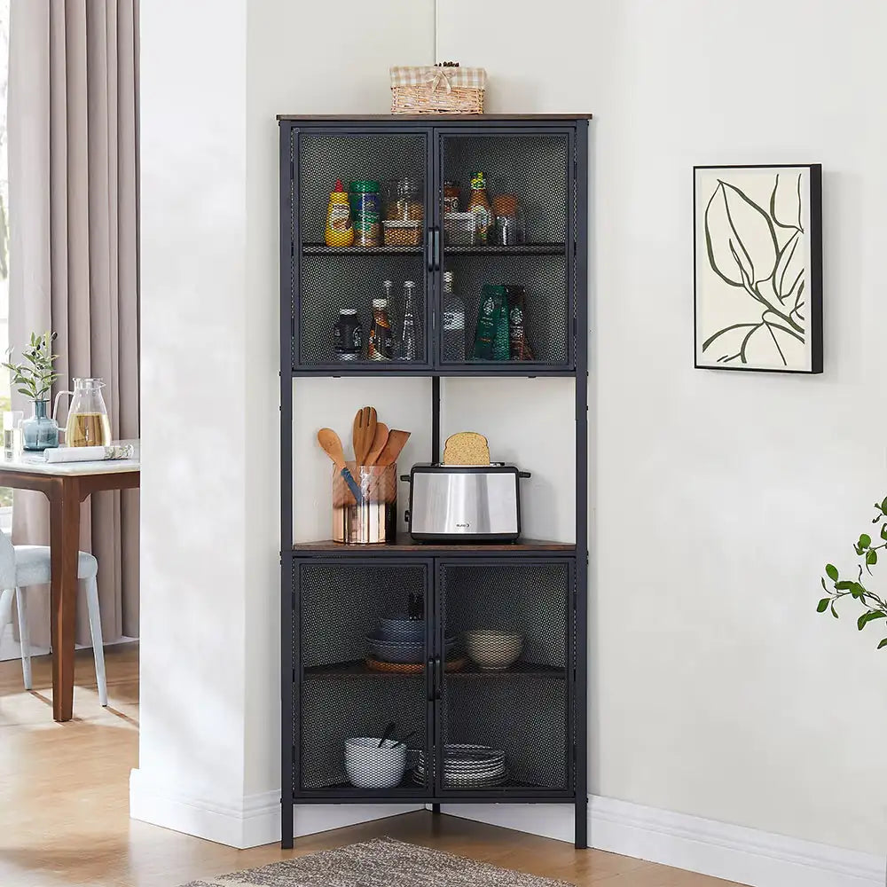 6-Tier Corner Shelf With Storage Cabinet,Bookshelf With Metal Mesh Door,for Living Room