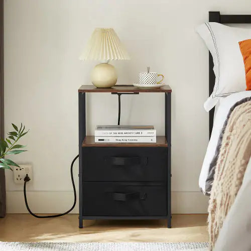 End Table With Charging Station, Nightstand With USB Port, Outlet And Fabric Bag, 2 Drawers Open Storage Shelf Side Table, Sofa Cabinet For Living Room, Bedroom, Office