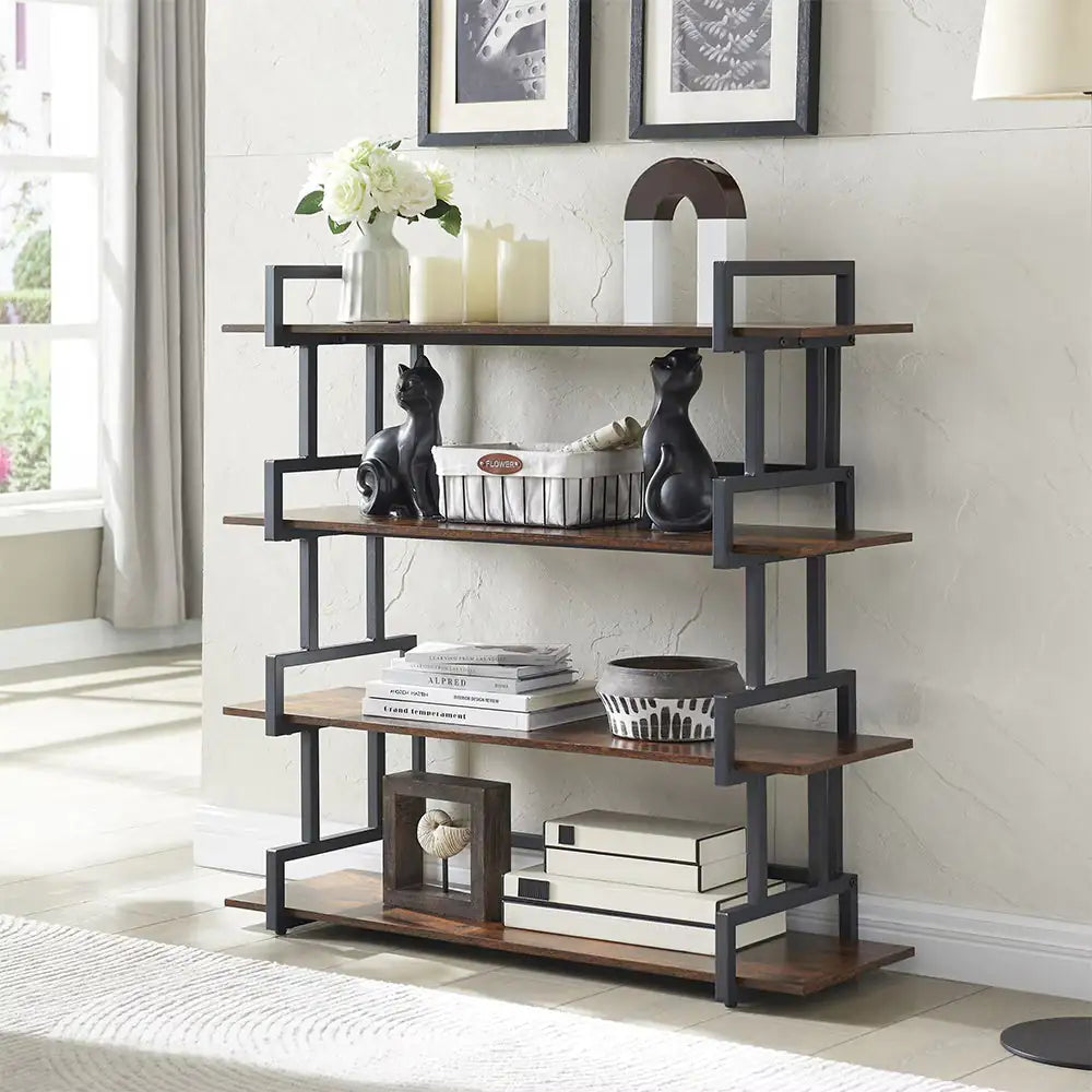Industrial 4-tier Bookshelves, Metal And Wood Bookshelves