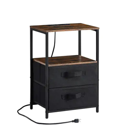 End Table With Charging Station, Nightstand With USB Port, Outlet And Fabric Bag, 2 Drawers Open Storage Shelf Side Table, Sofa Cabinet For Living Room, Bedroom, Office