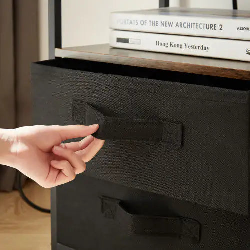 End Table With Charging Station, Nightstand With USB Port, Outlet And Fabric Bag, 2 Drawers Open Storage Shelf Side Table, Sofa Cabinet For Living Room, Bedroom, Office