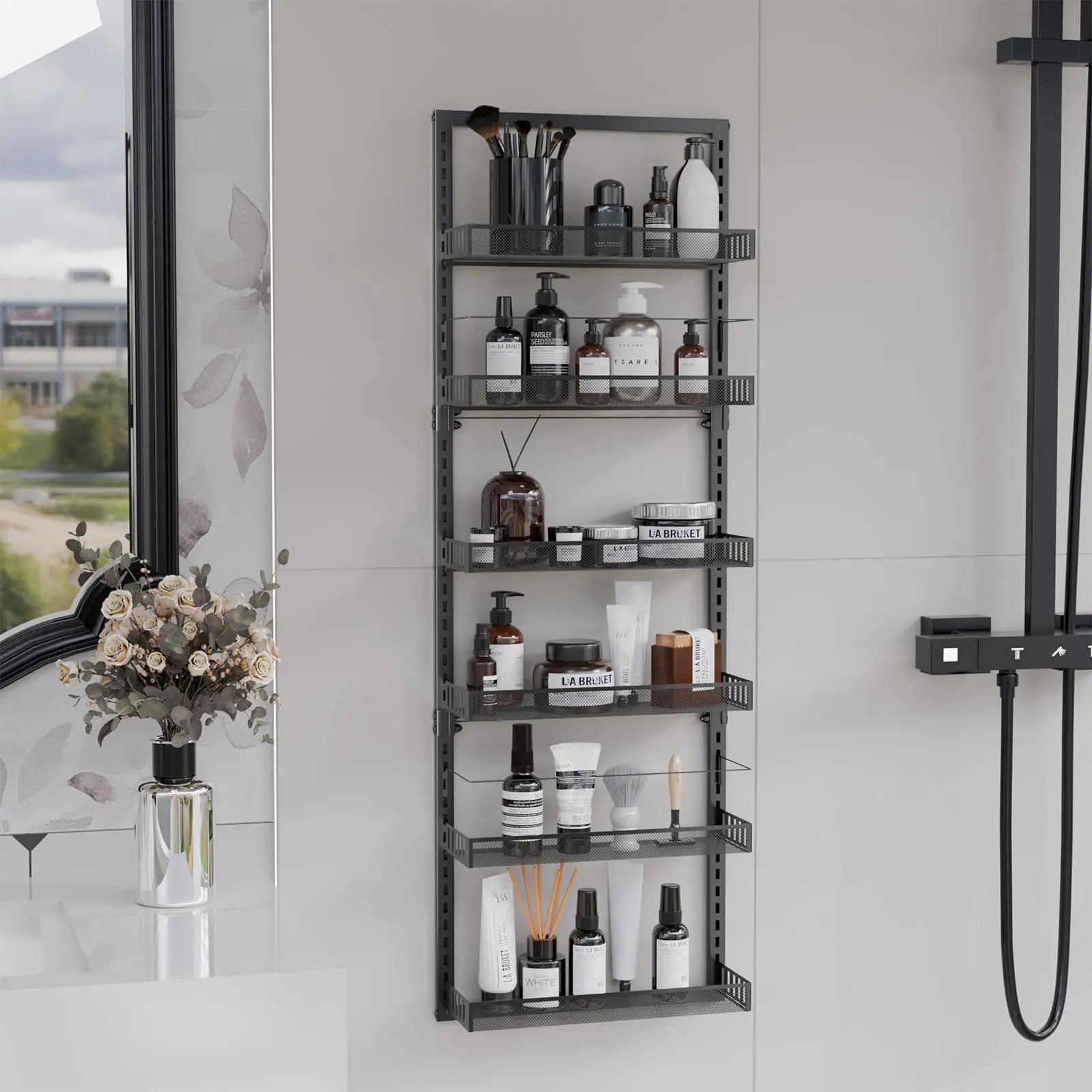 Wall Mounted Organizer 6 Tier Large Wire Baskets Set Kitchen/Bathroom Heavy-Duty Metal Adjustable Shower Caddy Storage shelves 50" H x 6" D x 17" W
