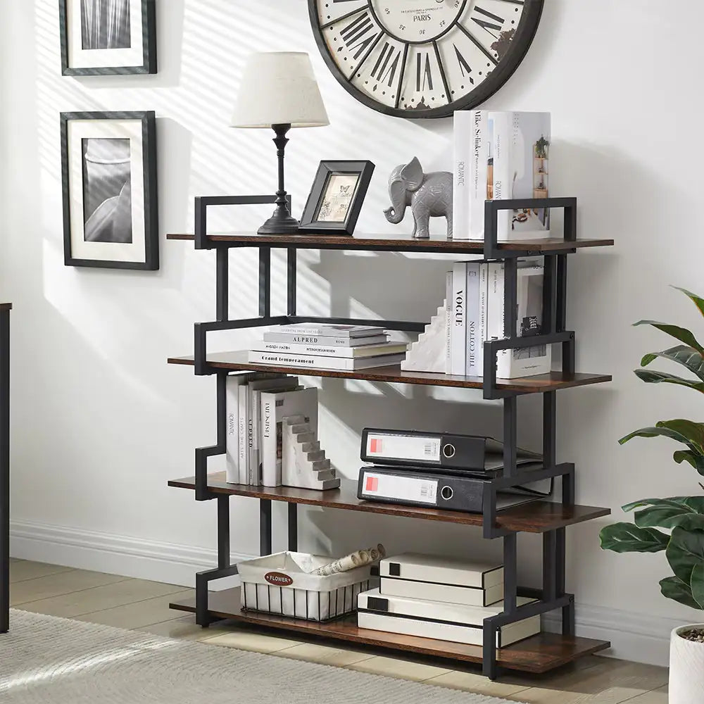 Industrial 4-tier Bookshelves, Metal And Wood Bookshelves
