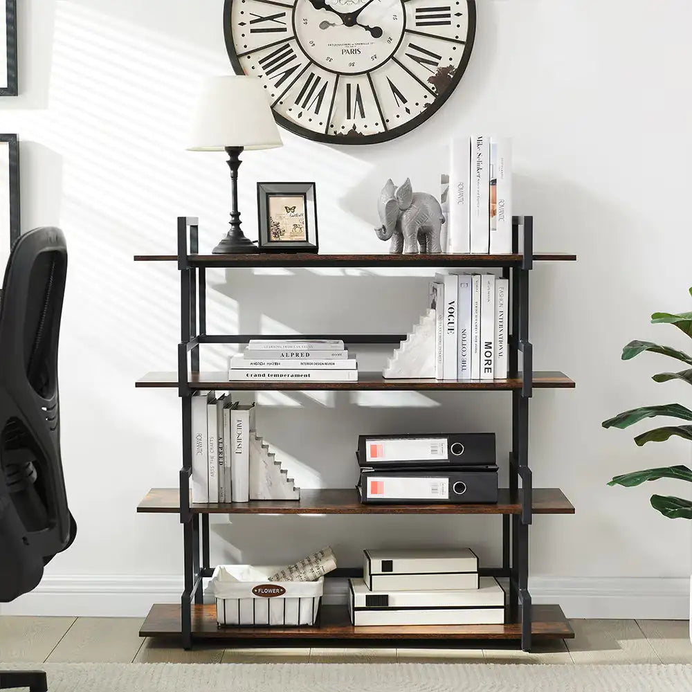 Industrial 4-tier Bookshelves, Metal And Wood Bookshelves