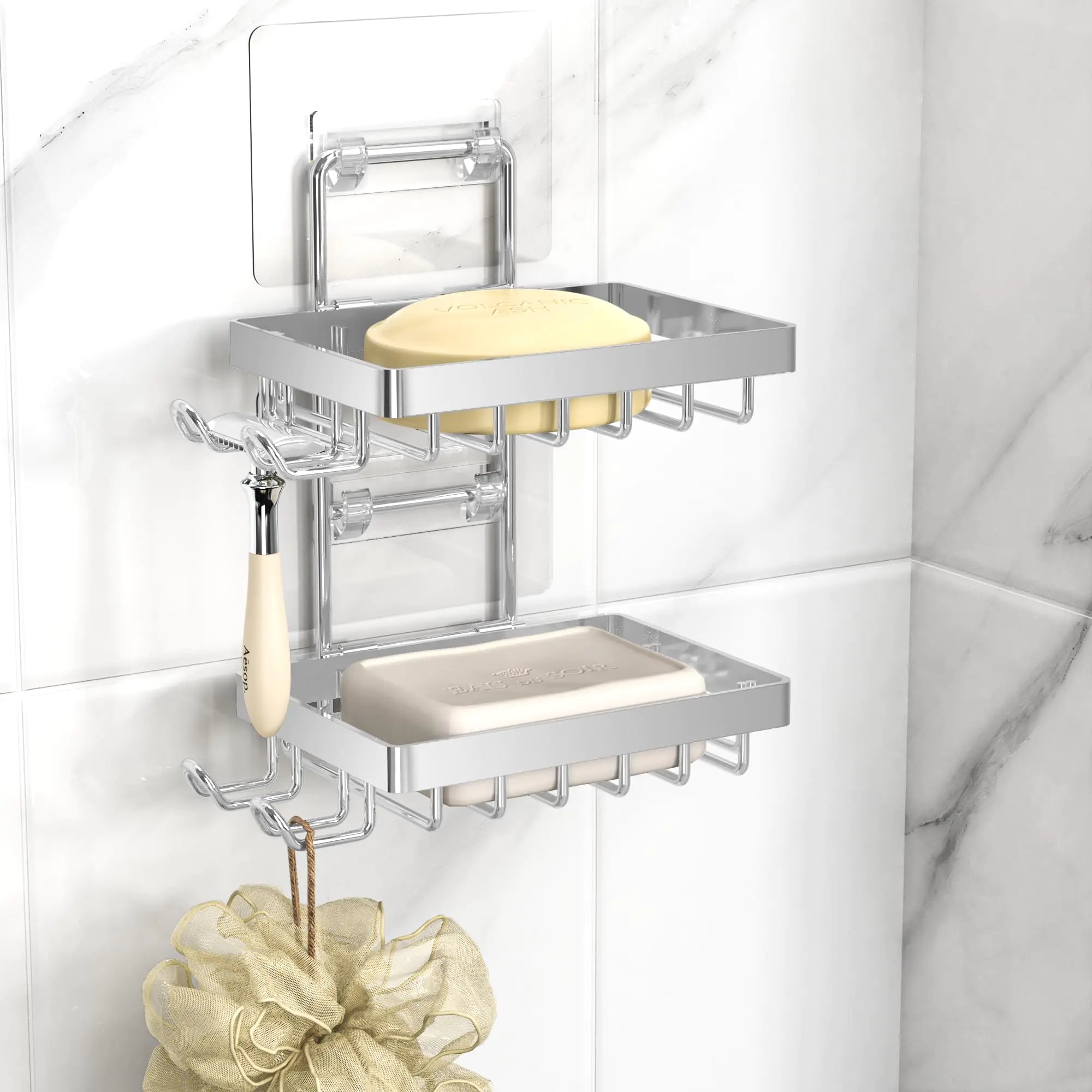 Silver Double Soap Bar Holder for Shower No Drilling Rustproof Stainless Steel Wall Mounted Soap Holder with 4 Hooks and Razor Holder Shower Rack Soap Tray Bar Soap for Bathroom & Kitchen