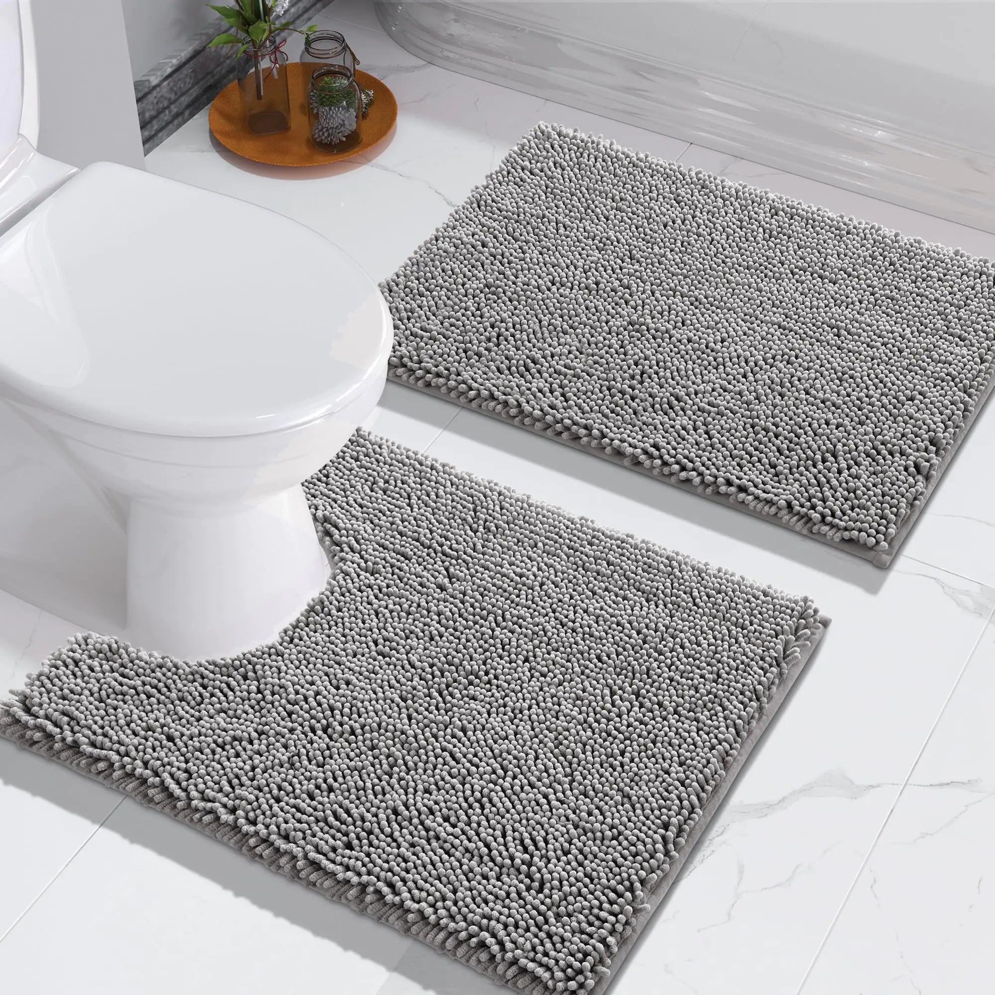 Toilet Rug U-Shaped Set 2-Piece Soft Absorbent Quick-Dry Contour Bathroom Rugs for Toilet Machine-Washable Toilet Bath Mat Non-Slip Bath Rugs for Bathroom 24x20 + 24x17 Grey